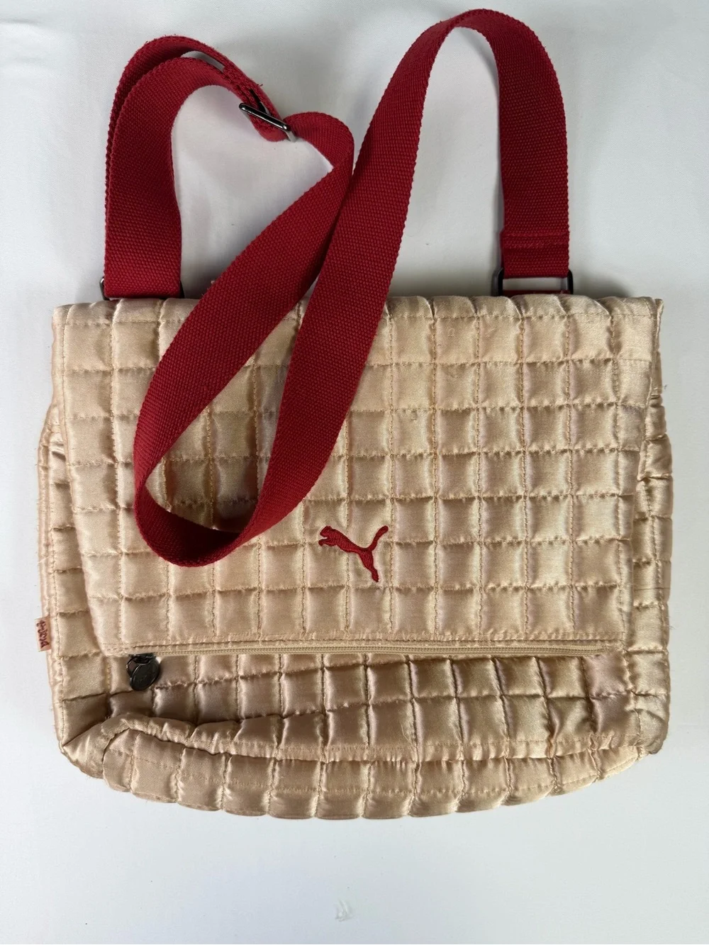 Vintage Puma Quilted Crossbody Bag in Champagne with Red Strap- Classic Puma